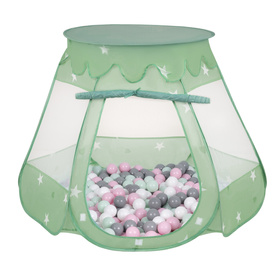 Tente Château Pour Enfants Tente de Jeu Avec Balles Colorées Jouet Cabane Pop-up Château Facile À Monter Maison de Jeu Pour Intérieur et Extérieur, menthe:blanc/gris/menthe/rose poudré, 105x90cm/200 balles