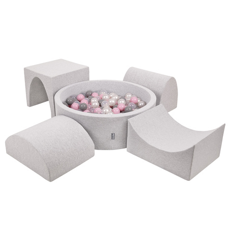 KiddyMoon Aire De Jeux en Mousse avec Rond Piscine à Balles pour Enfants, gris clair: perle/gris/transparent/rose poudré, Piscine (200 Balles) + Version 1