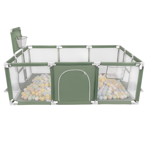 Parc Bébé avec Balles Plastiques Aire De Jeu Pliable Basket Football, vert : beige pastel/bleu pastel/jaune pastel/menthe, 200 balles