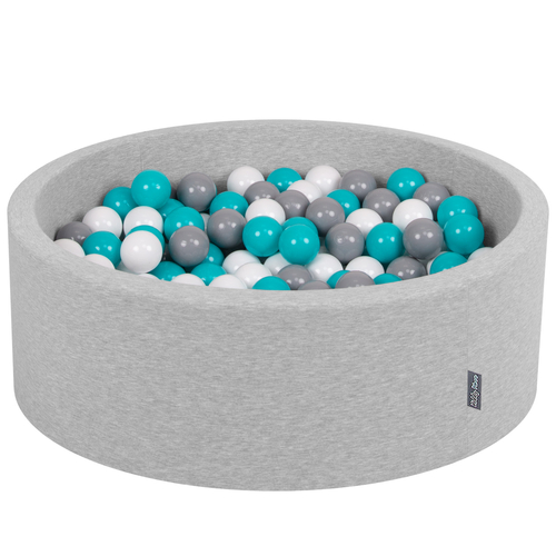 KiddyMoon Piscine à Balles ∅ 7Cm pour Bébé Rond Fabriqué En UE, gris clair:gris/blanc/turquoise, 90x30cm/300 balles