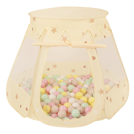 Tente Château Avec Les Balles Plastiques Piscine à Balles Pour Enfants, Beige Clair: Beige Pastel/Jaune Pastel/Blanc/Menthe/Rose Poudré, 105x90cm/100 balles