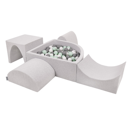 KiddyMoon Aire De Jeux en Mousse avec Quart Angulaire Piscine À Balles pour Bébé, gris clair: blanc/gris/menthe, Piscine (200 Balles) + Version 1