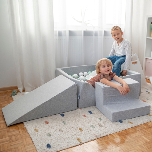 KiddyMoon Aire De Jeux en Mousse avec Carré Piscine À Balles pour Enfants, gris clair: blanc/gris/menthe, Piscine (300 Balles) + Version 3