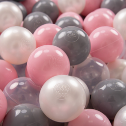 KiddyMoon Balles Colorées Plastique ∅7cm pour Piscine Enfant Bébé Fabriqué en EU, perle/gris/transparent/rose poudré, 100 Balles/7cm