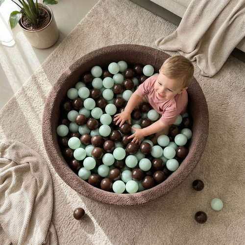 KiddyMoon Piscine à Balles Boules 7 cm pour un Remplissage plus Généreux Pour Bébés au Housse Teddy, Convient dès 8 Mois, Marron: Menthe/Marron, 90x30cm/300 Balles