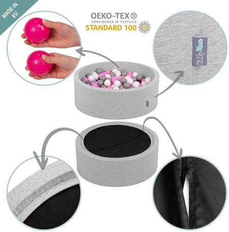 KiddyMoon Piscine à Balles ∅ 7Cm pour Bébé Rond Fabriqué En UE, gris clair:turquoise foncé/gris/blanc/menthe, 90x30cm/200 balles