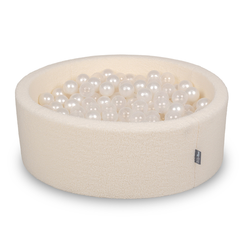 KiddyMoon Piscine à Balles Boules 7 cm pour un Remplissage plus Généreux Pour Bébés au Housse Teddy, Convient dès 8 Mois, Crème: Perle/Transparent, 90x30cm/200 Balles