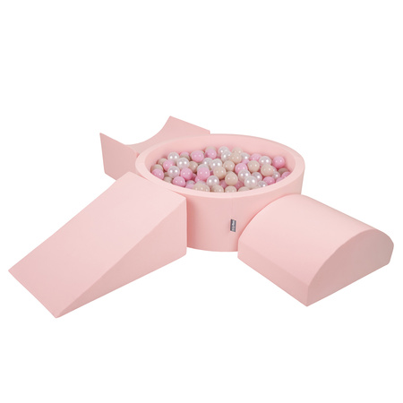 KiddyMoon Aire De Jeux en Mousse avec Rond Piscine à Balles pour Enfants, rose: beige pastel/rose poudré/perle, Piscine (300 Balles) + Version 4