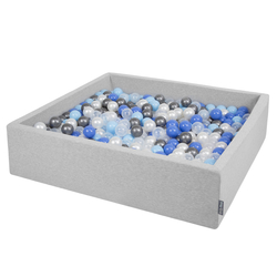 KiddyMoon Piscine À Balles Grande Carré pour Bébé, Fabriqué en UE, gris clair:perle-bleu-babyblue-transparent-argent, 120x30cm/200 balles