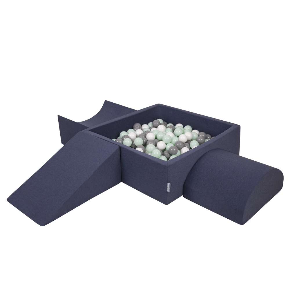 KiddyMoon Aire De Jeux en Mousse avec Carré Piscine À Balles (200 Balles) pour Enfants, Bleu Foncé:Babyblue/Bleu/Perle