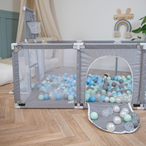 Parc Bébé avec Balles Plastiques Aire De Jeu Pliable Basket Football, gris:perle/gris/transparent/babyblue/menthe, 900 balles