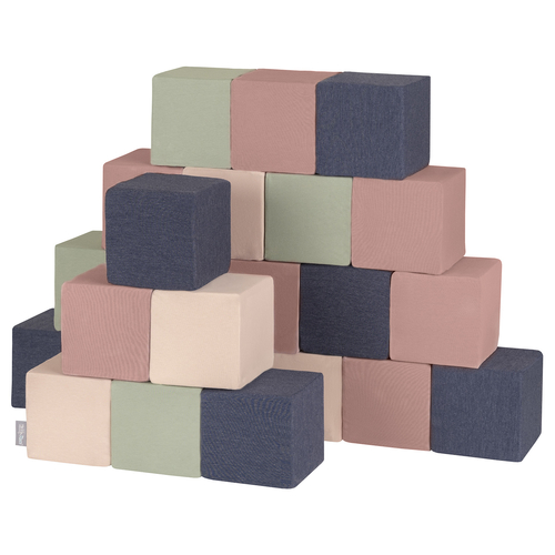 KiddyMoon Blocs Souples Jouets pour Bébé Mousse Squeeze Jouer Jouet Éducatif, cubes: bruyère/bleu foncé/beige/sage, 24 Pieces