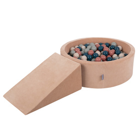 KiddyMoon Aire Velvet De Jeux en Mousse avec Rond Piscine à Balles pour Enfants, rose des sables: turquoise foncé/beige pastel/gris de vert/saumon, Piscine (100 Balles)+ Pente