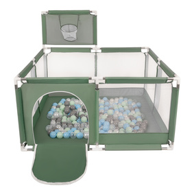 parc bébé avec balles plastiques aire de jeu pliable basket, vert : perle/gris/transparent/babyblue/menthe, 100 balles