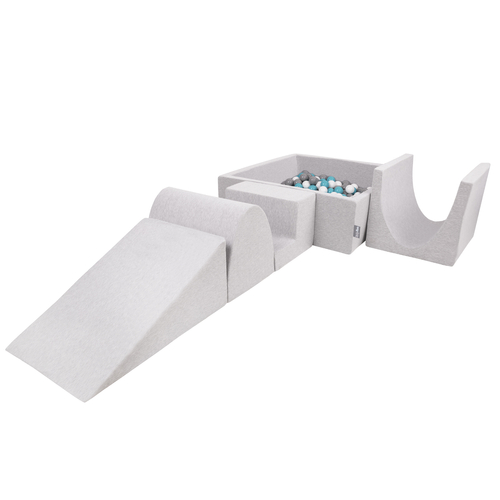 KiddyMoon Aire De Jeux en Mousse avec Carré Piscine À Balles pour Enfants, gris clair: gris/blanc/turquoise, Piscine (200 Balles) + Version 3