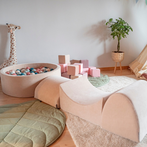 KiddyMoon Aire Velvet De Jeux en Mousse avec Rond Piscine à Balles pour Enfants, beige sableux: beige pastel/rose poudré/perle/rose foncé, Piscine (300 Balles) + Version 5