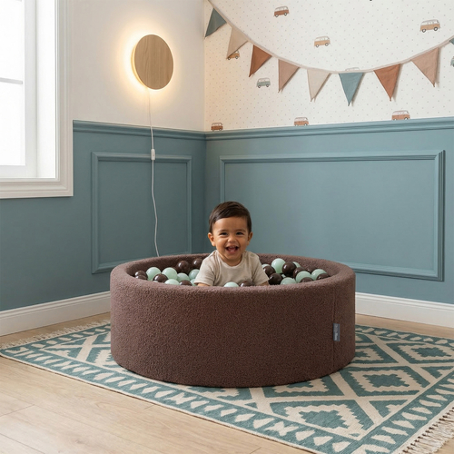 KiddyMoon Piscine à Balles Boules 7 cm pour un Remplissage plus Généreux Pour Bébés au Housse Teddy, Convient dès 8 Mois, Marron: Beige Pastel/Blanc/Perle, 90x30cm/300 Balles