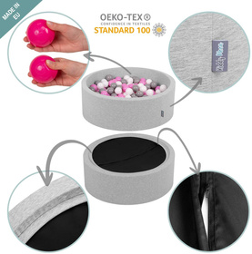 KiddyMoon Piscine à Balles ∅ 7Cm pour Bébé Rond Fabriqué En UE, gris clair:turquoise foncé/gris/blanc/menthe, 90x30cm/200 balles