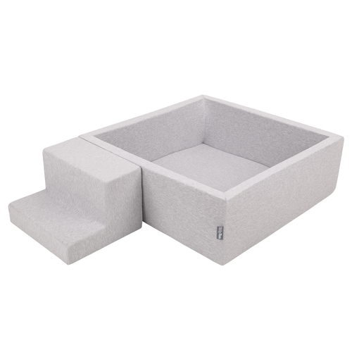 KiddyMoon Aire De Jeux en Mousse avec Carré Piscine À Balles pour Enfants, gris clair: gris/blanc/turquoise, Piscine (200 Balles)+ Marches