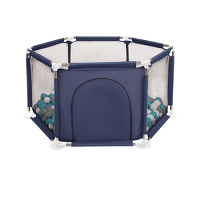 parc bébé hexagonal pliable avec balles plastiques, Bleu:girs/blanc/turquoise, 100 balles