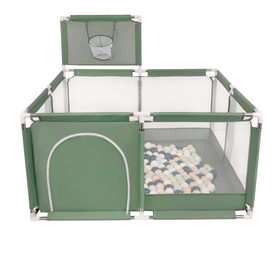 parc bébé avec balles plastiques aire de jeu pliable basket, vert : turquoise foncé/beige pastel/blanc/menthe, 400 balles