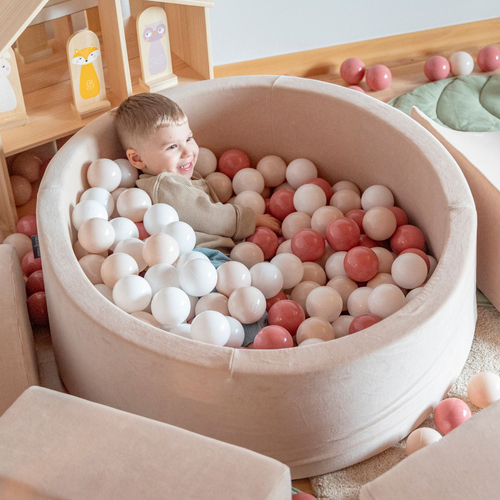 KiddyMoon Balles Colorées Plastique ∅7cm pour Piscine Enfant Bébé Fabriqué en EU, beige pastel/saumon/blanc, 200 Balles/7cm