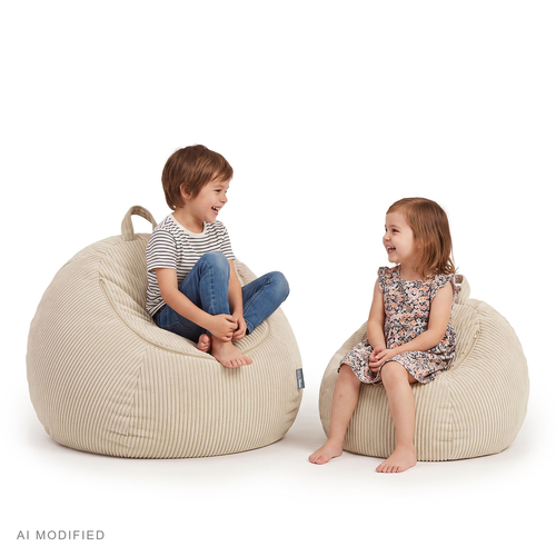 KiddyMoon pouf enfant rangement jouets zippé fonction assise polyester, beige, sac
