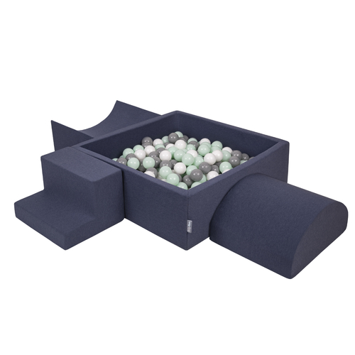 KiddyMoon Aire De Jeux en Mousse avec Carré Piscine À Balles pour Enfants, bleu foncé:blanc/gris/menthe, Piscine (300 Balles) + Version 6