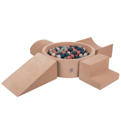 KiddyMoon Aire Velvet De Jeux en Mousse avec Rond Piscine à Balles pour Enfants, rose des sables: turquoise foncé/beige pastel/vert de gris/saumon, Piscine (200 Balles) + Version 5