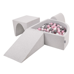 KiddyMoon Aire De Jeux en Mousse avec Quart Angulaire Piscine À Balles pour Bébé, gris clair: blanc/gris/rose poudré, Piscine (200 Balles) + Version 2