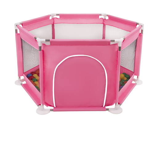 parc bébé hexagonal pliable avec balles plastiques, Rose:jaune/vert/bleu/rouge/orange, 400 balles