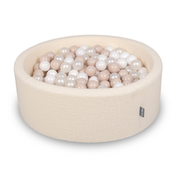 KiddyMoon Piscine à Balles Boules 7 cm pour un Remplissage plus Généreux Pour Bébés au Housse Teddy, Convient dès 8 Mois, Crème: Beige Pastel/Blanc/Perle, 90x30cm/200 balles