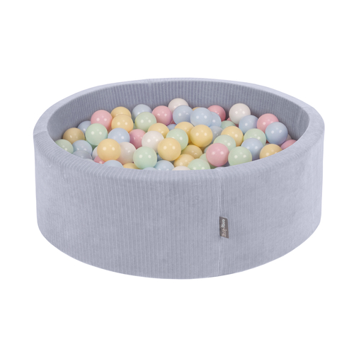 KiddyMoon Piscine À Balles pour Enfants Mousse Côtelé Pour Motricité Bébé, Gris foncé : bleu pastel/jaune pastel/blanc/menthe/rose poudré, 90x30cm/300 balles