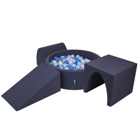 KiddyMoon Aire De Jeux en Mousse avec Rond Piscine à Balles pour Enfants, bleu foncé:babyblue/bleu/perle, Piscine (300 Balles) + Version 2