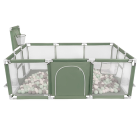 Parc Bébé avec Balles Plastiques Aire De Jeu Pliable Basket Football, vert : blanc/gris/menthe, 200 balles