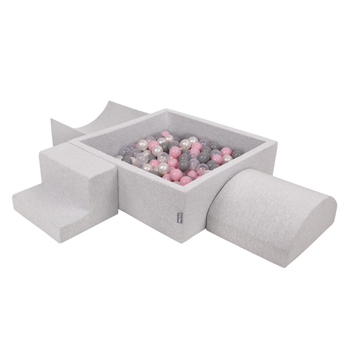 KiddyMoon Aire De Jeux en Mousse avec Carré Piscine À Balles pour Enfants, gris clair: perle/gris/transparent/rose poudré, Piscine (300 Balles) + Version 6