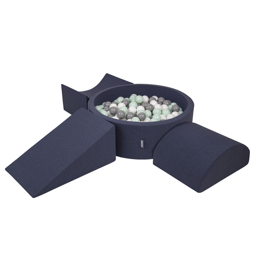 KiddyMoon Aire De Jeux en Mousse avec Rond Piscine à Balles pour Enfants, bleu foncé:blanc/gris/menthe, Piscine (200 Balles) + Version 4