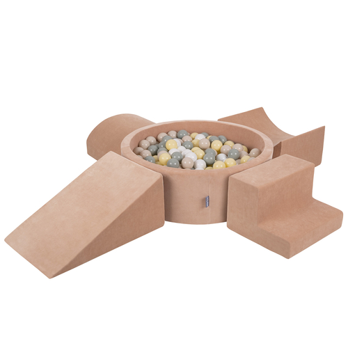 KiddyMoon Aire Velvet De Jeux en Mousse avec Rond Piscine à Balles pour Enfants, rose des sables: beige pastel/gris de vert/jaune pastel/blanc, Piscine (300 Balles) + Version 5