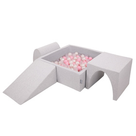 KiddyMoon Aire De Jeux en Mousse avec Carré Piscine À Balles pour Enfants, gris clair: rose poudré/perle/transparent, Piscine (200 Balles) + Version 2