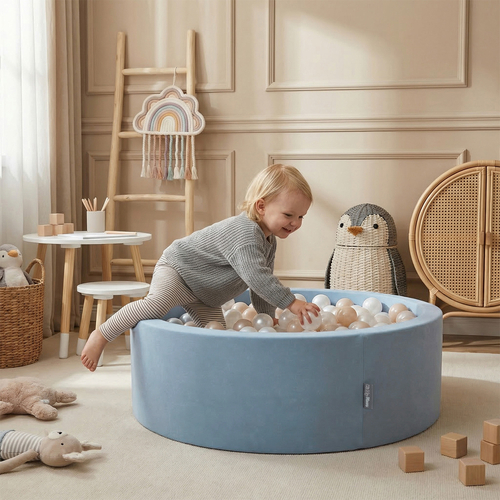 KiddyMoon Piscine À Balles ∅ 7Cm pour Bébé Rond Fabriqué en UE, bleu: beige pastel/blanc/perle, 90x30cm/200 Balles