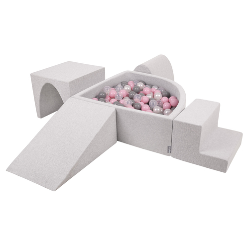 KiddyMoon Aire De Jeux en Mousse avec Quart Angulaire Piscine À Balles pour Bébé, gris clair: perle/gris/transparent/rose poudré, Piscine (300 Balles) + Version 3
