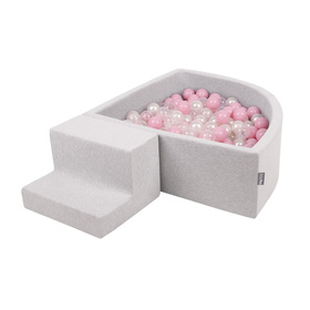 KiddyMoon Aire De Jeux en Mousse avec Quart Angulaire Piscine À Balles pour Bébé, gris clair: rose poudré/perle/transparent, Piscine (100 Balles) + Marches