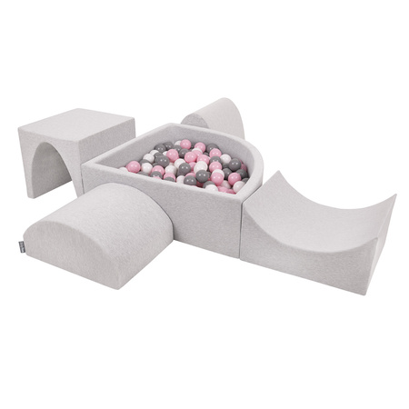 KiddyMoon Aire De Jeux en Mousse avec Quart Angulaire Piscine À Balles pour Bébé, gris clair: blanc/gris/rose poudré, Piscine (200 Balles) + Version 1