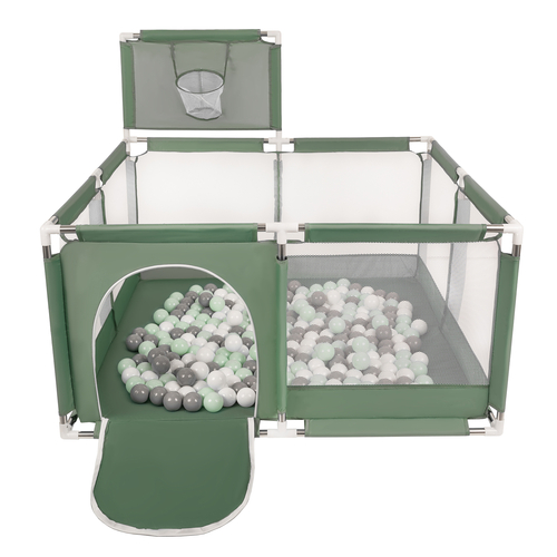 parc bébé avec balles plastiques aire de jeu pliable basket, vert : blanc/gris/menthe, 900 balles