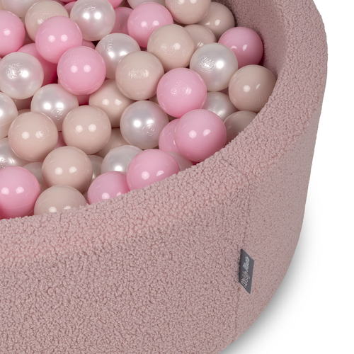 KiddyMoon Piscine à Balles Boules 7 cm pour un Remplissage plus Généreux Pour Bébés au Housse Teddy, Convient dès 8 Mois, Rose: Beige Pastel/Rose Poudré/Perle, 90x30cm/300 Balles