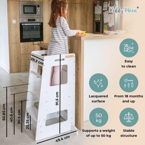 KiddyMoon Tour D'Apprentissage/D'Observation Montessori pour Enfant en Bois 3 Hauteurs Réglables Pieds Anti-Bascule, Blanc, 91,5x39,3x49,4
