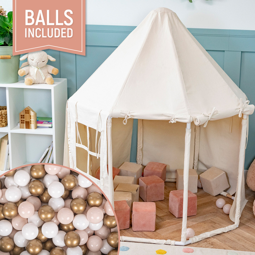 KiddyMoon Tente de Jeu Maison Pour Enfants En Forme De Pavillon De Jeu Pliable Tente Pop-Up Espace De Jeu Spacieux Et Confortable En Intérieur Et Extérieur, naturel: beige pastel/blanc/or, 400 Balles