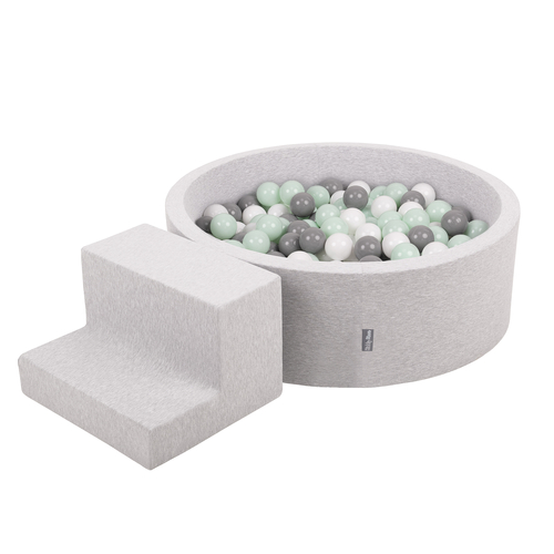 KiddyMoon Aire De Jeux en Mousse avec Rond Piscine à Balles pour Enfants, gris clair: blanc/gris/menthe, Piscine (200 Balles)+ Marches