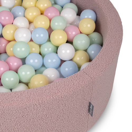 KiddyMoon Piscine à Balles Boules 7 cm pour un Remplissage plus Généreux Pour Bébés au Housse Teddy, Convient dès 8 Mois, Rose: Bleu Pastel/Jaune Pastel/Blanc/Menthe/Rose Poudré, 90x30cm/300 Balles