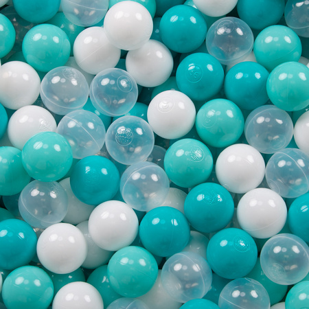 KiddyMoon Balles Colorées Plastique ∅7cm pour Piscine Enfant Bébé Fabriqué en EU, turquoise clair/blanc/transparent/turquoise, 100 Balles/7cm